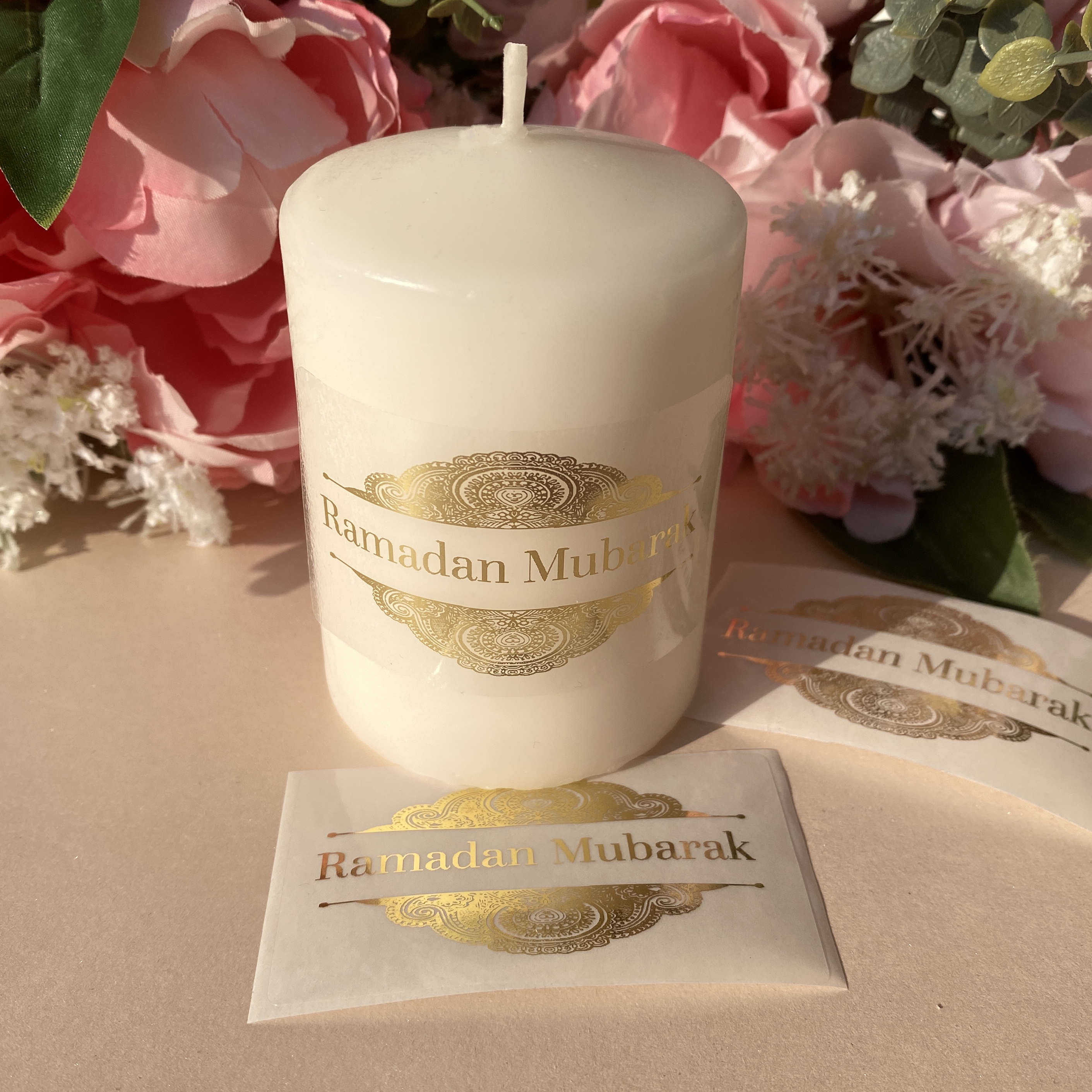 Personalised Candle Label - 30 Ramadan Mubarak Crescent Stickers Golden